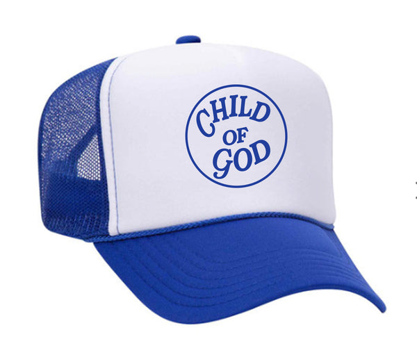 Child of God Trucker Hat Blue w/ White